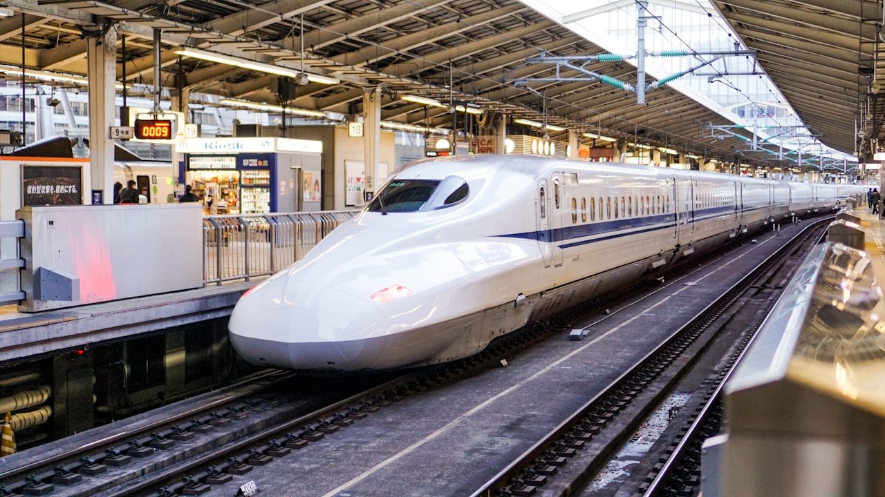 Shinkansen bullet train at a station in Japan